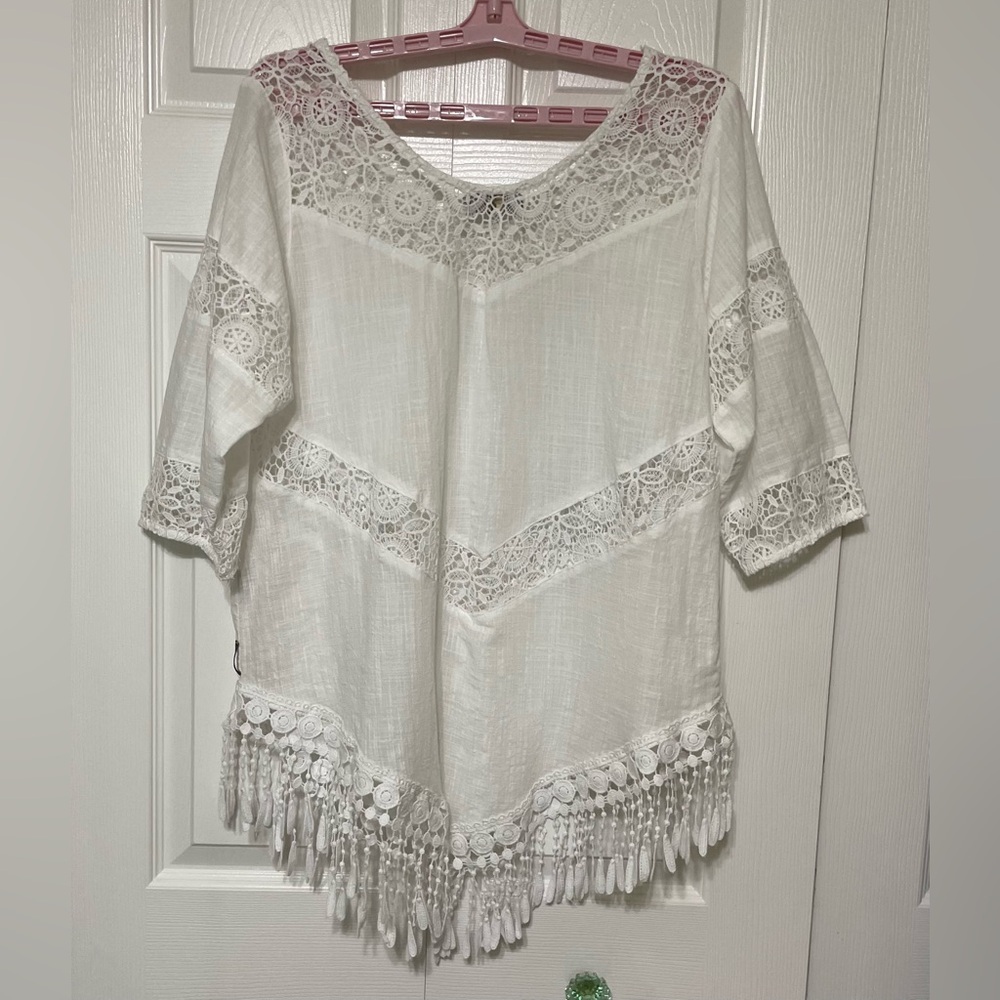 White Asymmetrical Embellished Blouse with 3/4 Sleeves - Picture 2 of 9